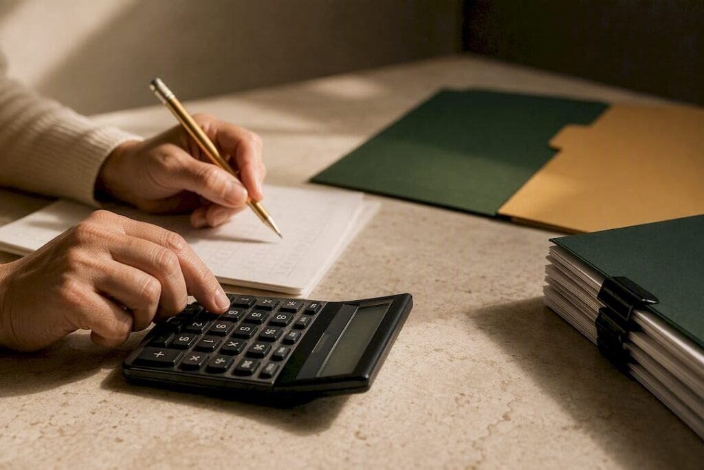 Hands calculating federal and state unemployment taxes