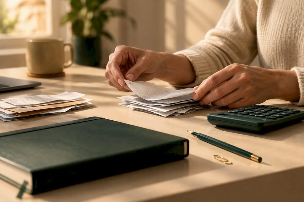 Freelancer organizing receipts for bookkeeping