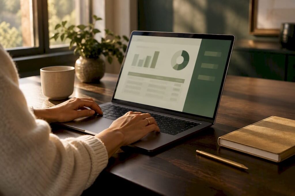 Hands reviewing monthly budget and actual figures