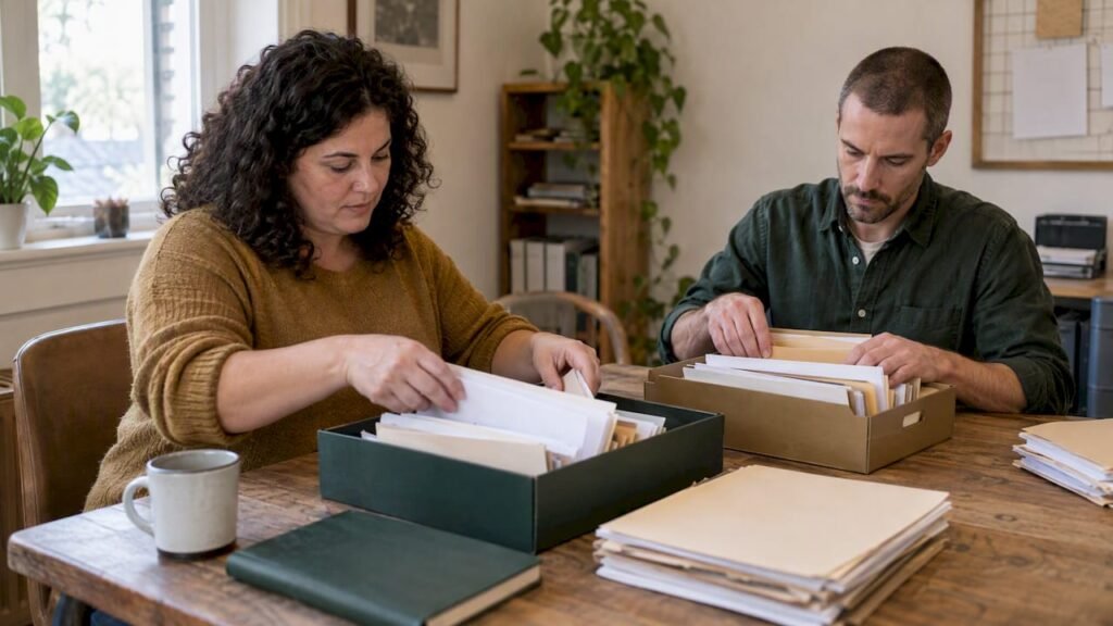 Owner and bookkeeper sorting accounting backlog