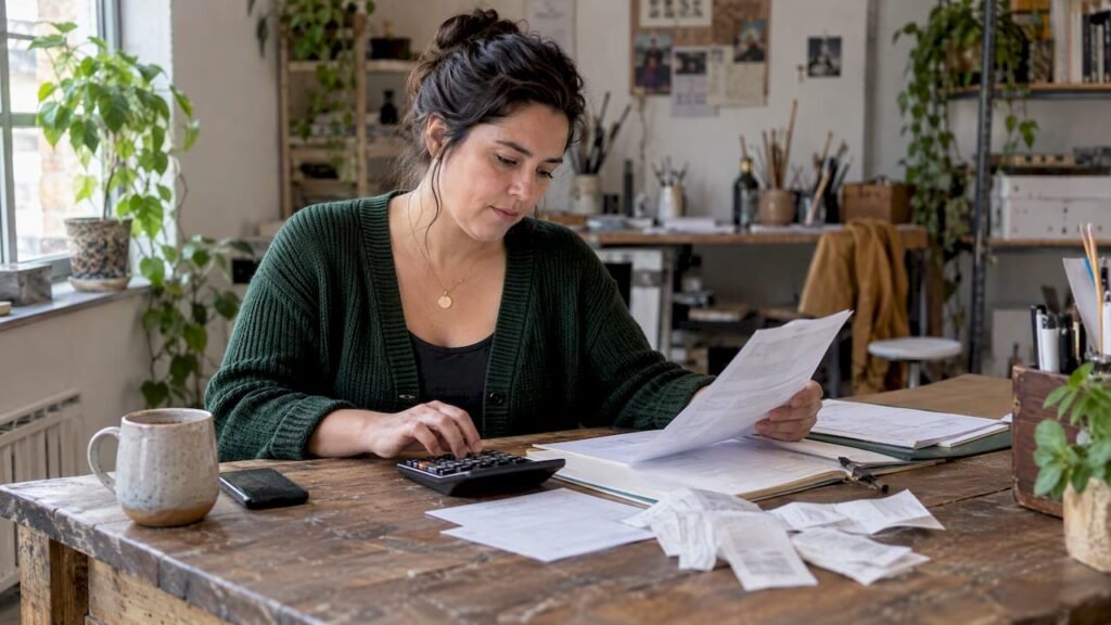 Business owner reconciling payment records