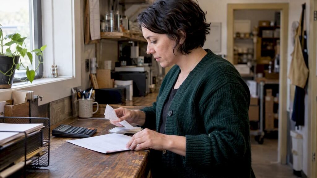 Bookkeeper reconciling a small business’s monthly records