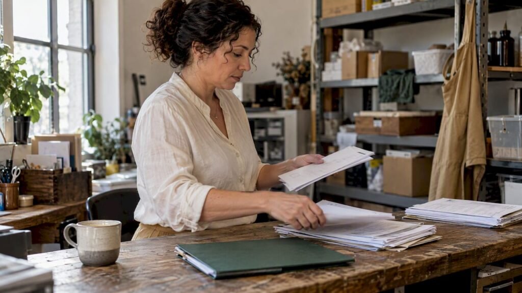 Owner sorting invoices in a service studio