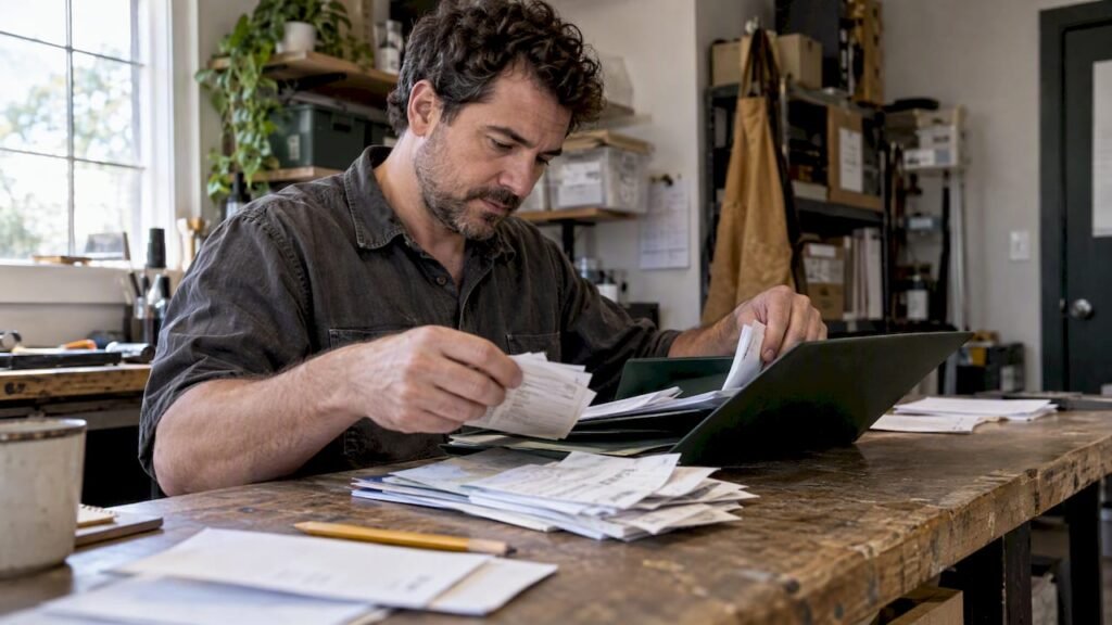 Owner sorting small business tax records